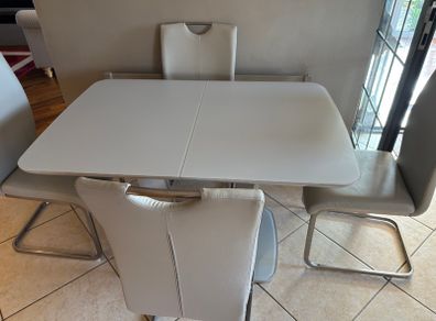 Modern White Extending Dining Table & 4 Faux Leather Chairs