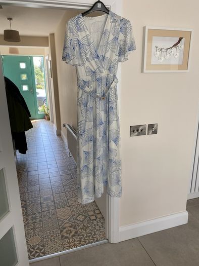 Women's Summer Dress- Cream with blue pattern