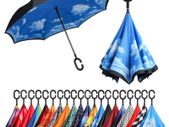 Double Layer Inverted Umbrellas Reverse Folding Umbrella Self-Standing Windproof UV Protection Big Straight Travel Umbrella for Car Rain Outdoor with C-Shaped Handle - Sky