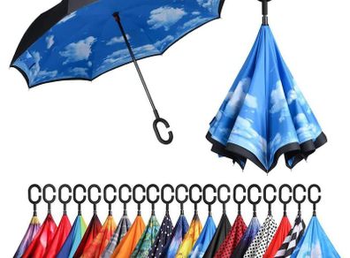Double Layer Inverted Umbrellas Reverse Folding Umbrella Self-Standing Windproof UV Protection Big Straight Travel Umbrella for Car Rain Outdoor with C-Shaped Handle - Sky