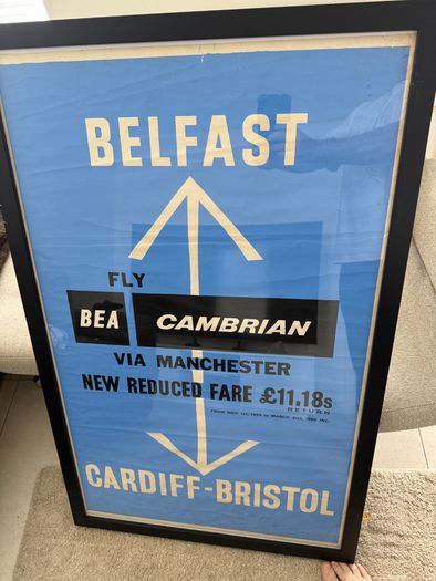 EXTREMELY Rare Original 1959 BEA and Cambrian Airways Belfast Aviation Framed Poster