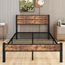 Double Bed Frame with Wooden Headboard and Footboard, Metal Wooden Bed Frame 4ft6 Under Bed Storage, No Box Spring Needed, Enhanced Support Noise Free (Black+Brown Oak Image 4