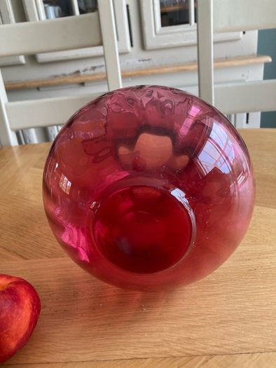 Stunning Oversized Cranberry Glass Vase . Hand blown glass with ruffle edge