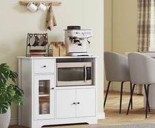 Kitchen cabinet with cable hole, chest with 2 cabinets, open compartment, drawer, 80 x 35 x 72.2 cm, particleboard, white