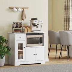 Kitchen cabinet with cable hole, chest with 2 cabinets, open compartment, drawer, 80 x 35 x 72.2 cm, particleboard, white