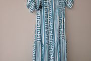 Greek Short Sleeve Blue Maxi Dress With Belt One Size