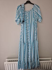 Greek Short Sleeve Blue Maxi Dress With Belt One Size
