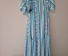 Greek Short Sleeve Blue Maxi Dress With Belt One Size