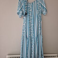 Greek Short Sleeve Blue Maxi Dress With Belt One Size