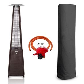 BU-KO Outdoor Patio Gas Heater | Garden, Camp, BBQ Parties | Brown Rattan Pyramid Style 13kw Propane Burner | Portable Wheels, Regulator & Hose | LPG Warm Heating Fire & Water Proof Cover Included