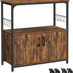 Kitchen Shelf, Kitchen Island with Wheels, Serving Trolley, Kitchen Cabinet with Doors, Kitchen Trolley, Trolley, 8 Hooks, for Dining Room, Living Room, Kitchen, Vintage Brown/Black