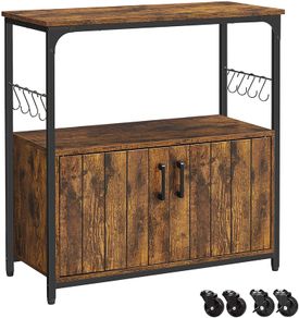 Kitchen Shelf, Kitchen Island with Wheels, Serving Trolley, Kitchen Cabinet with Doors, Kitchen Trolley, Trolley, 8 Hooks, for Dining Room, Living Room, Kitchen, Vintage Brown/Black