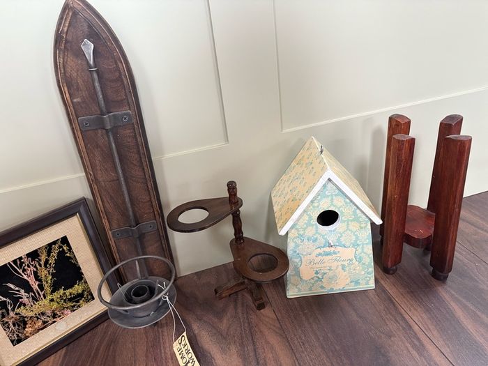 Rustic Wooden & Metal Home Decor Set -Sconce, Birdhouse, Plant Stands & Framed Art (6 Pieces)