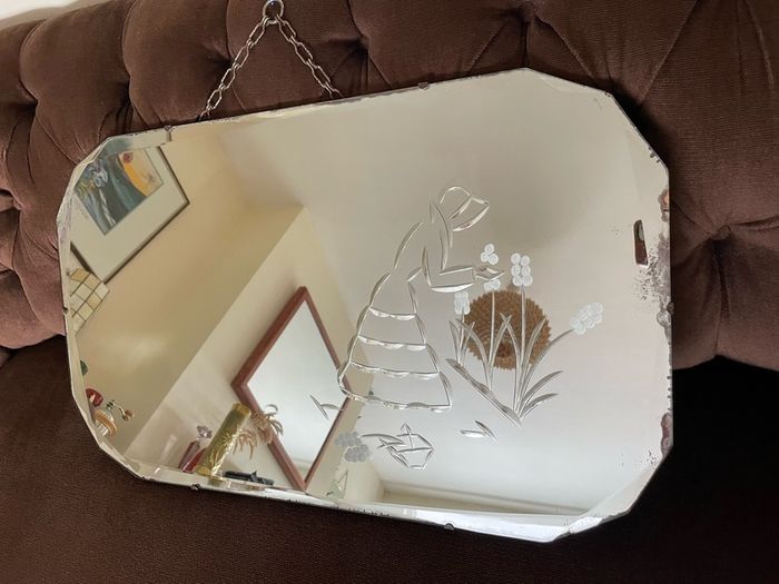 Large Early Mid Century Vintage Beveled Mirror with Reversed Carved Etched Image