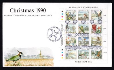 1990 Guernsey Christmas "Guernsey's Winter Birds" Sheet Commemorative Stamps Official First Day Cover (FDC)