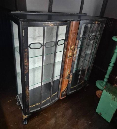 Vintage  Turnige Chinoiserie locking ebonised handpainted cabinet 3 tiers