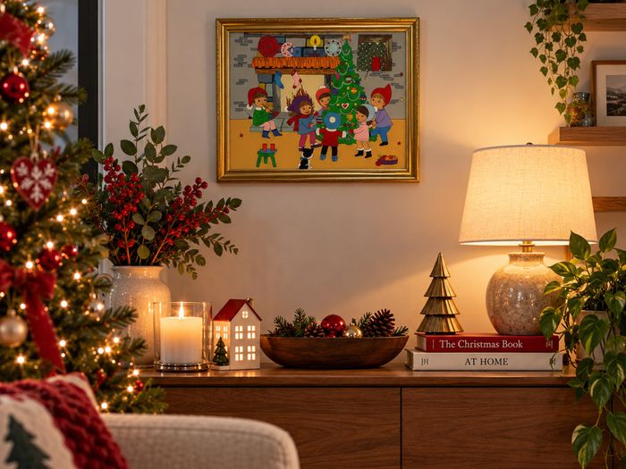 Retro Vintage Christmas Glass Painting Mid Century Foil Art