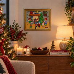 Retro Vintage Christmas Glass Painting Mid Century Foil Art