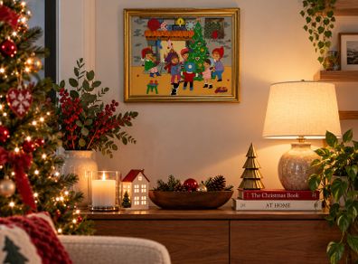 Retro Vintage Christmas Glass Painting Mid Century Foil Art