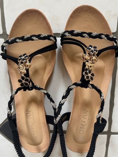 SANDALS. Libra Pop brand- Embellished With Black, Gold & Silver charms. Ultra Comfortable. Size Uk 6 Eu 39 Purchased In Toulouse. Brand New In Box.