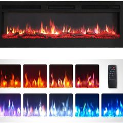 50"/127cm Electric Fireplace, Wall Mounted, Recessed, 9 Colour Flame Effect, Media Wall Compatible, 900W - 1800W Heater, Remote Control