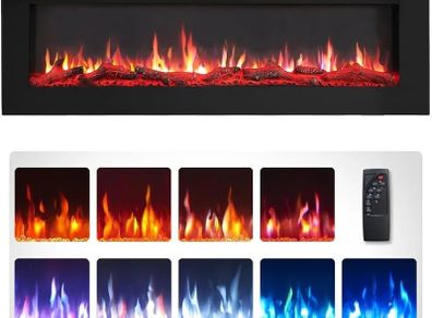 50"/127cm Electric Fireplace, Wall Mounted, Recessed, 9 Colour Flame Effect, Media Wall Compatible, 900W - 1800W Heater, Remote Control