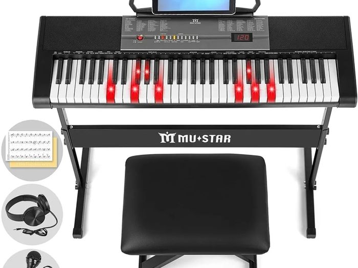 61 Key Electronic Keyboard Piano with Lighted up Keys,LCD,Headphones,X-Stand,Stool,Music Rest,Microphone,Note Stickers,Built-In Speakers,3 Teaching Modes,Ideal for Beginner Adult (Black with Stool)