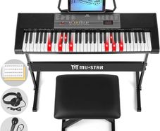 61 Key Electronic Keyboard Piano with Lighted up Keys,LCD,Headphones,X-Stand,Stool,Music Rest,Microphone,Note Stickers,Built-In Speakers,3 Teaching Modes,Ideal for Beginner Adult (Black with Stool)