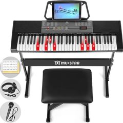 61 Key Electronic Keyboard Piano with Lighted up Keys,LCD,Headphones,X-Stand,Stool,Music Rest,Microphone,Note Stickers,Built-In Speakers,3 Teaching Modes,Ideal for Beginner Adult (Black with Stool)