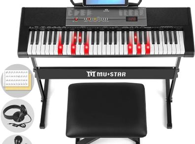 61 Key Electronic Keyboard Piano with Lighted up Keys,LCD,Headphones,X-Stand,Stool,Music Rest,Microphone,Note Stickers,Built-In Speakers,3 Teaching Modes,Ideal for Beginner Adult (Black with Stool)