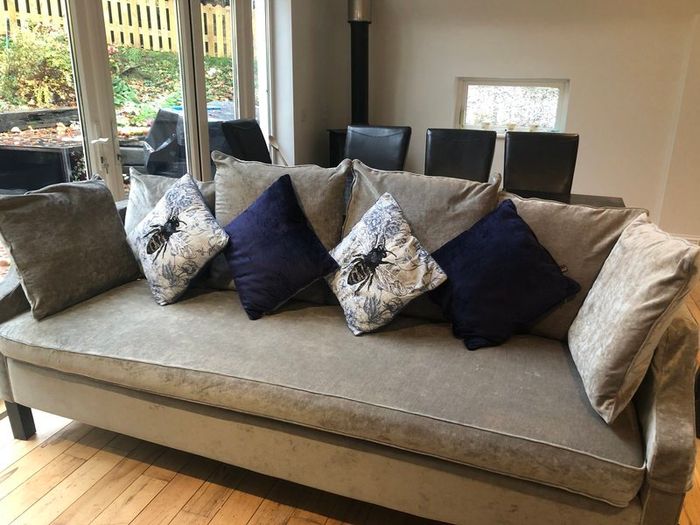 Cornelia Night Sofa Grey and dining table