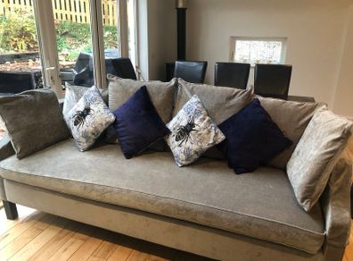 Cornelia Night Sofa Grey and dining table