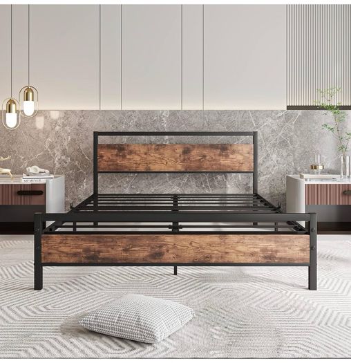 King Size Bed Frame with Wooden Headboard,Metal Platform