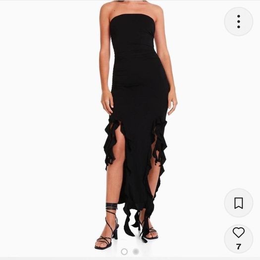 Black Strapless Ruched Maxi Dress with Cascading Ruffle Slit