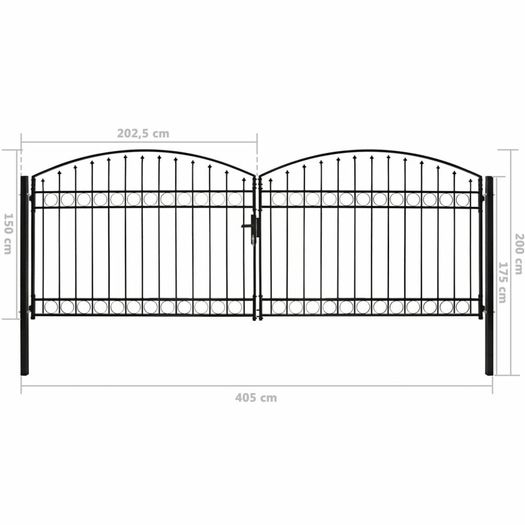 Fence Gate Double Door with Arched Top Steel 400x125 cm Black