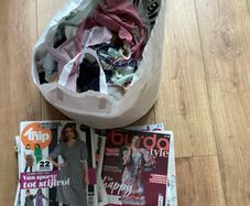 Sewing magazines and fabric scraps