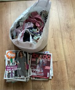 Sewing magazines and fabric scraps