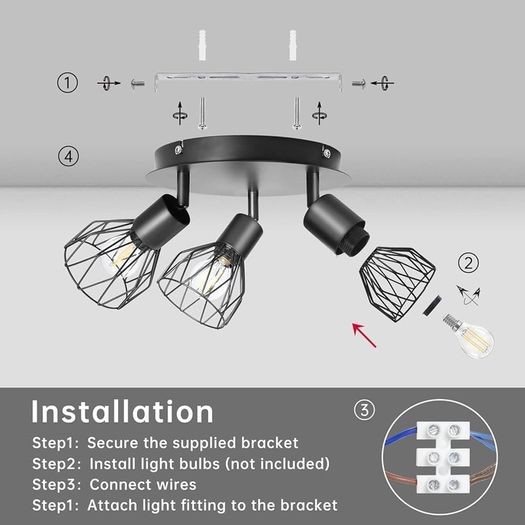 Spot Light Fittings for Ceilings Adjustable Metal Wire Cage Kitchen Spotlight Ceiling Lights with E14 Base Black 3 Way Ceiling Light Industrial for Indoor Bedroom Hallway Living Room Shop
