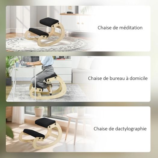 Kneeling seat, wooden ergonomic seat with rocking function, adjustable kneeling chair for home office