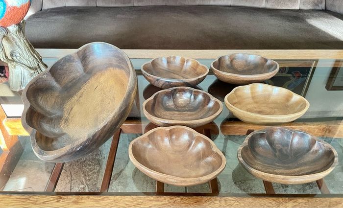 Vintage Carved Acacia Wood Shell Bowl Set 7 Pc Serving Salad Snack Nesting