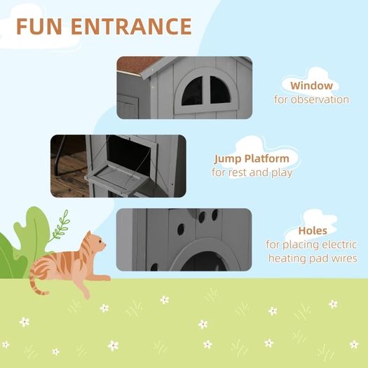 Solid Wood Cat Condos Natural Water Proof Outdoor 2-Floor Pet Shelter