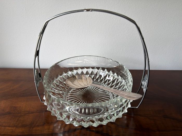 Vintage Cut Glass Serving Bowl with Decorative Stand & EPNS Spoon