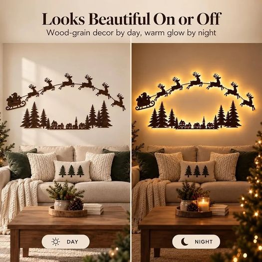LED Reindeer Santa Sleigh Wall Deco Festive Christmas Lighting (100cm) 3D Light-Up Wooden Reindeer Christmas Decor, DIY fXmas Glow Wall Silhouette Lights,for Home Window Party Decoration