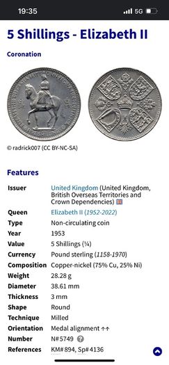 British Overseas Territories and Crown Dependencies United Kingdom 5 Shillings - Elizabeth II