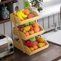 3-Tier Bamboo Fruit Basket Bowl Holder, Bread Vegetables Storage Stand for Kitchen Countertop, Snacks Rack in Home Kitchen and Office