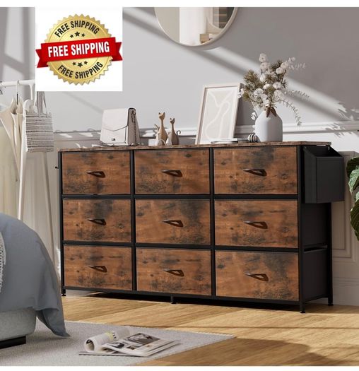 Fabric Chest of Drawers 9 Drawers Large TV Stand for 43-65 TVs Label Cards, Side Pocket &