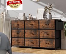 Fabric Chest of Drawers 9 Drawers Large TV Stand for 43-65 TVs Label Cards, Side Pocket &