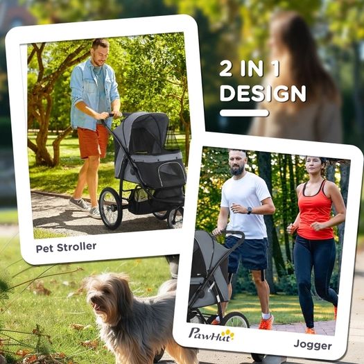 Dog Pram Dog Stroller Jogger Foldable Pet Pushchair for Medium, Small Dogs, w/ Rubber Wheels, Washable Cushion - Grey