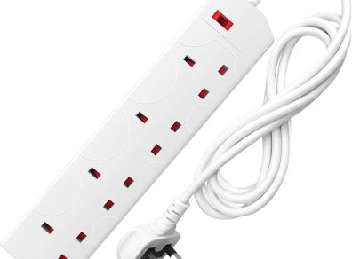 DESIRETECH White Electric Extension Lead - 4 Gang, 2 Metre Cable with UK Plug & 3 Pin Socket - Wall Mountable & Multi Socket Mains Strip for Home, Bedroom, Kitchen, & Office (1 Pack)