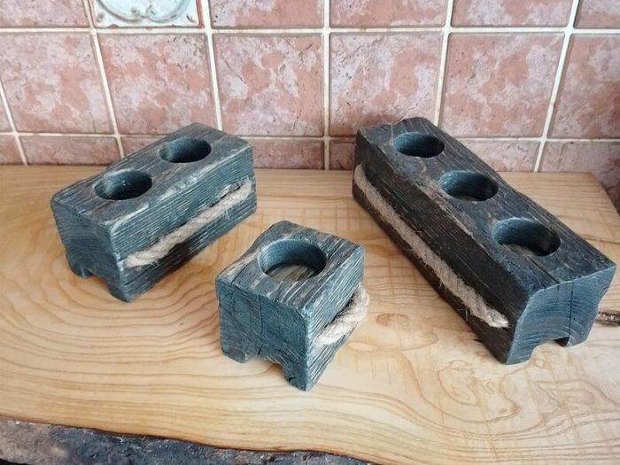 Handmade Reclaimed Wood Tealight Holders, Hard Wax Oil Set (+ 6 LED Lights)